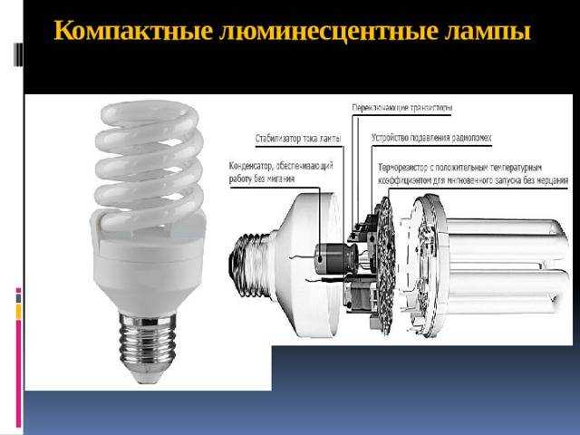 Плюсы и минусы компактных люминесцентных ламп Отличия конструкции КЛЛ Типы и разновидности цоколей Технические характеристики КЛЛ Пускорегулирующая аппаратура