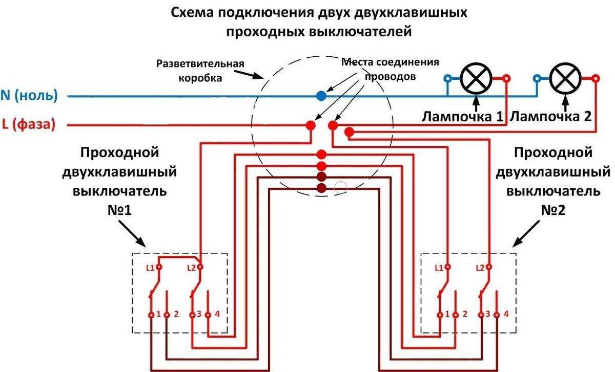 Схема проходного выключателя с двух мест: пошаговый монтаж 