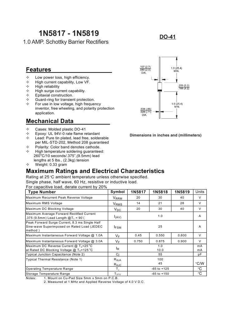 Диод 1n5819: характеристики, datasheet, аналоги и цоколевка