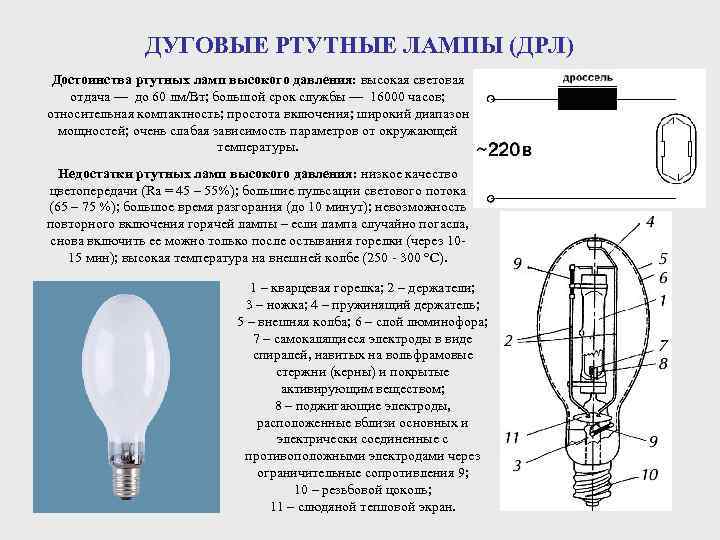 Лампа дрл: устройство, принцип работы, схема подключения, технические характеристики, разновидности