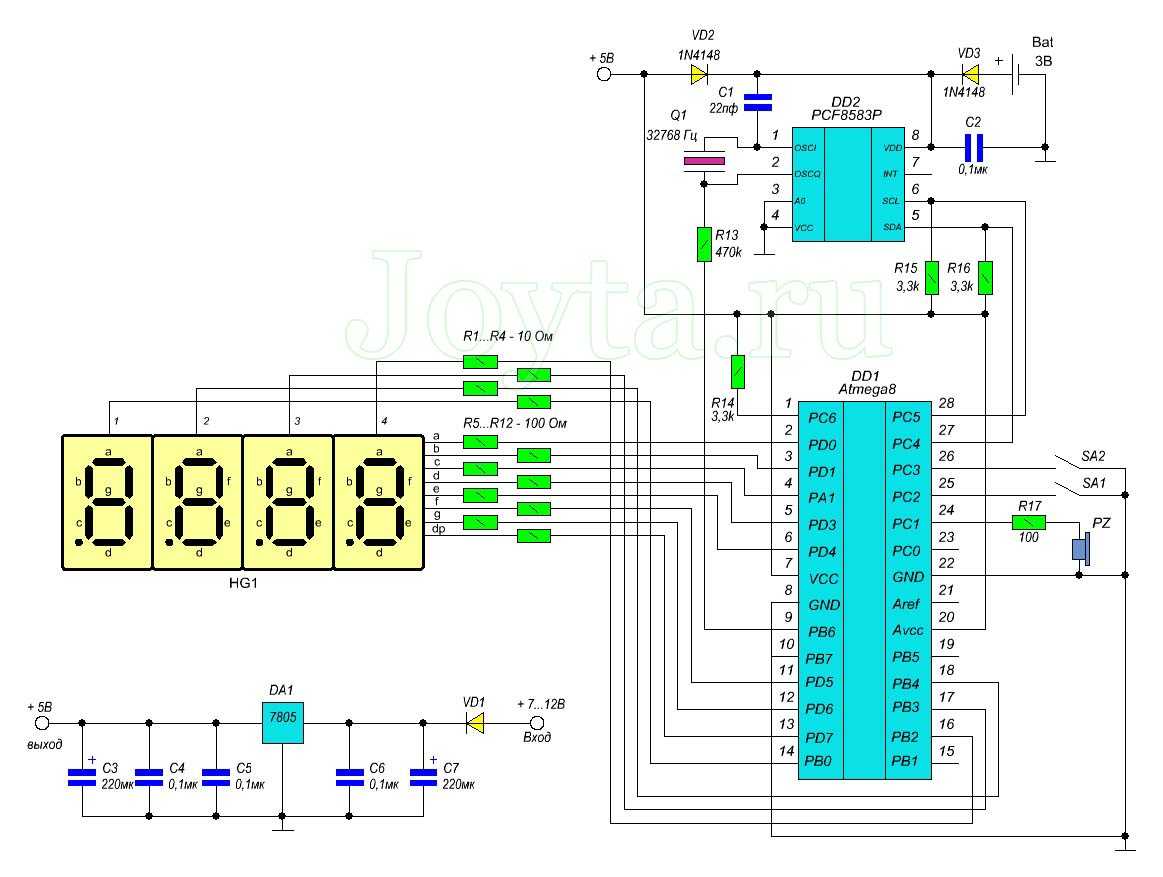 Данные электронные часы, построенные на микроконтроллере Atmega8, оснащены легко читаемым светодиодным дисплеем, будильником с функцией повтора, функцией