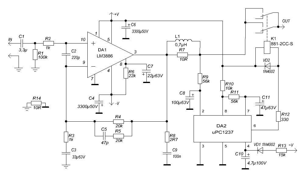 Схема усилителя мощности на LM3886 показана на рисунке 1 Интегральная схема LM3886 собрана на биполярных транзисторах Она имеет функции защиты от